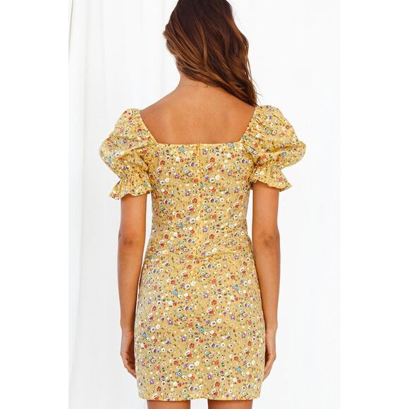 Yellow Floral Print Puff Sleeve Dress - Picture 3 of 3